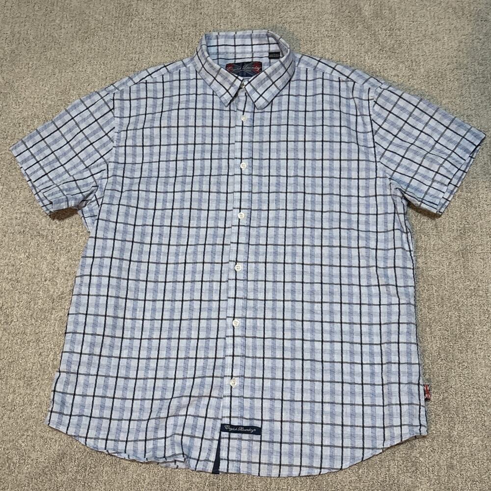 English Laundry Men’s Short Sleeve Button Up Blue Plaid Linen Size Large NWOT